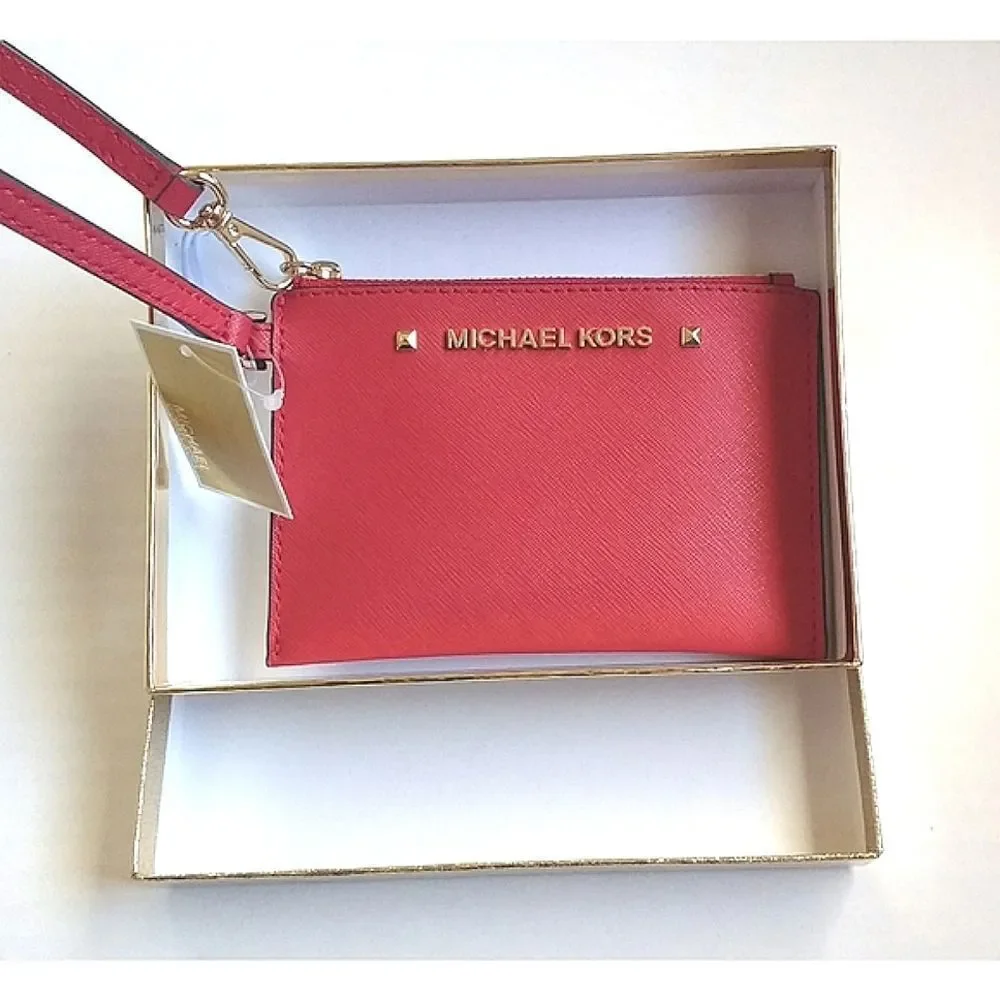 New! MICHAEL KORS Karla Red Leather Small Wristlet With Gift Box